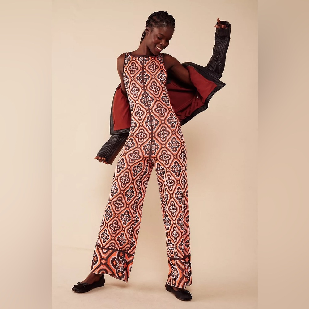 NWT Free People Ready or Not Geometric Patterned Wide Leg Jumpsuit